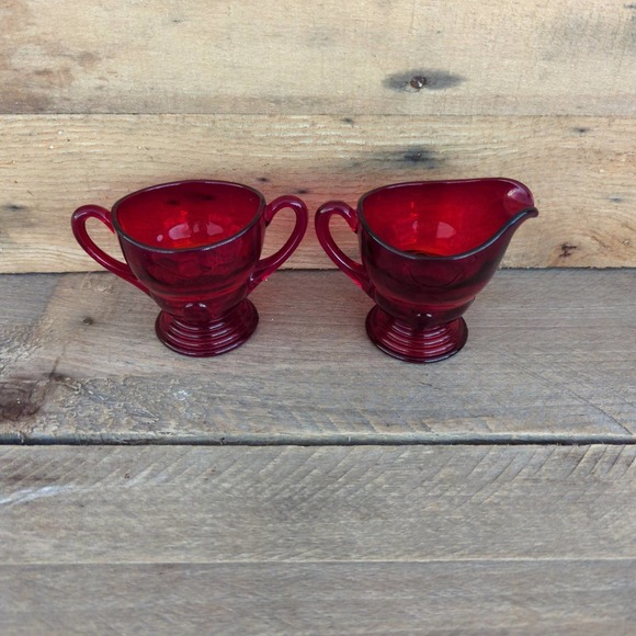 Vintage 1930s Ruby Red New Martinsville Glass Moondrops Creamer & Sugar Set - Picture 2 of 10
